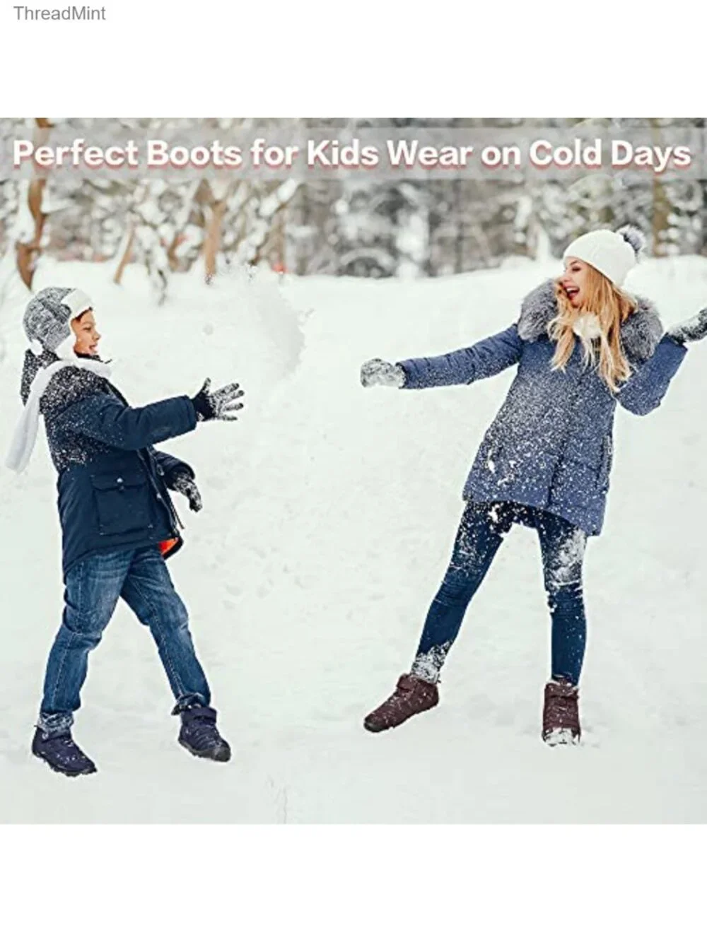Kids Winter Snow Boots Fur Lined Waterproof Slip On Ankle Boots